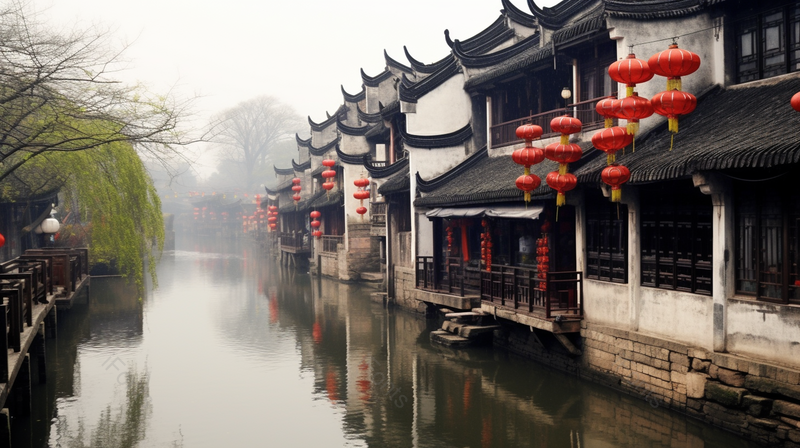 江南小桥流水人家古镇红灯笼徽派建筑风景摄影图,高清,摄影图,摄影图片,图片大全,摄影图免费下载